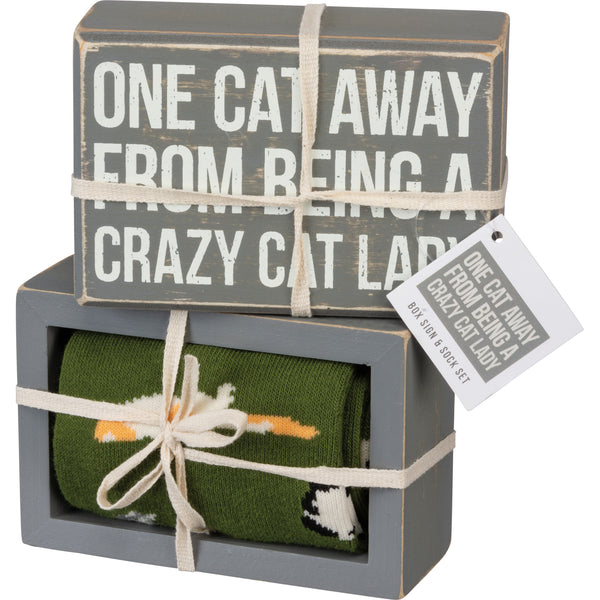 One Cat Away From Being A Crazy Cat Lady - Box Sign And Socks Gift Set