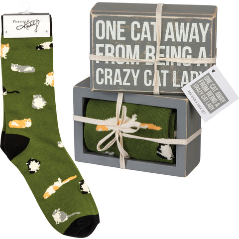 One Cat Away From Being A Crazy Cat Lady - Box Sign And Socks Gift Set