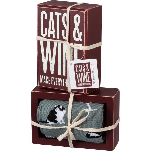 Cats And Wine Make Everything Fine - Box Sign And Socks Gift Set