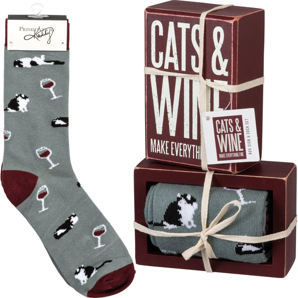 Cats And Wine Make Everything Fine - Box Sign And Socks Gift Set