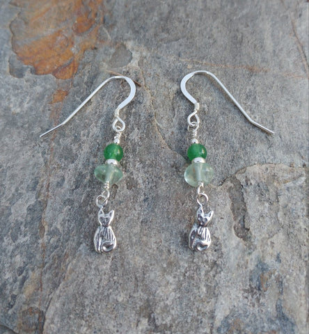 Cat Earrings - Aventurine, Green Fluorite And Sterling Silver