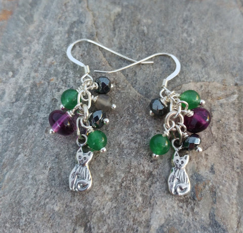 Cat Earrings - Purple And Green Gemstones With Sterling Silver