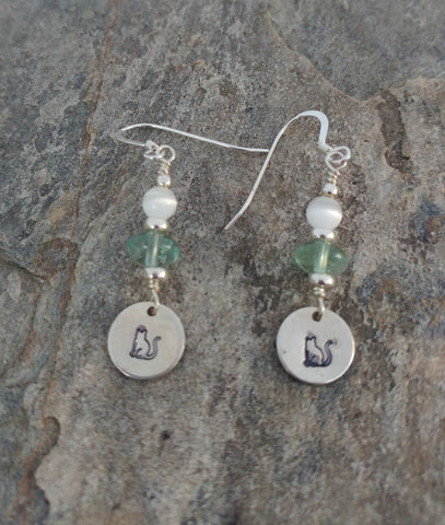 Cat Earrings - Cat's Eye, Fluorite And Sterling Silver