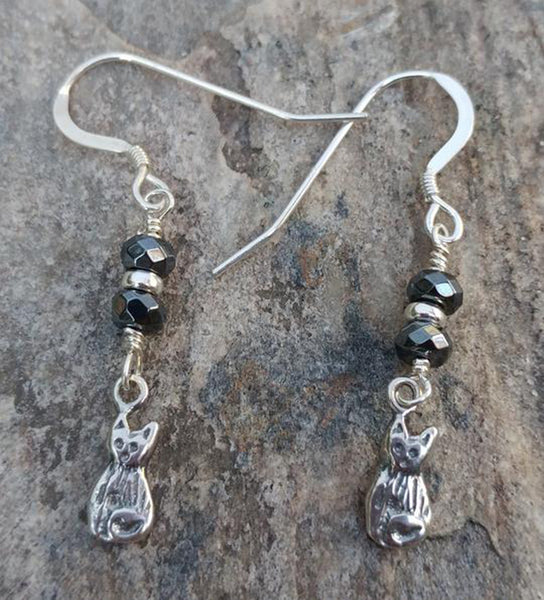 Cat Earrings - Hematite And Sterling Silver