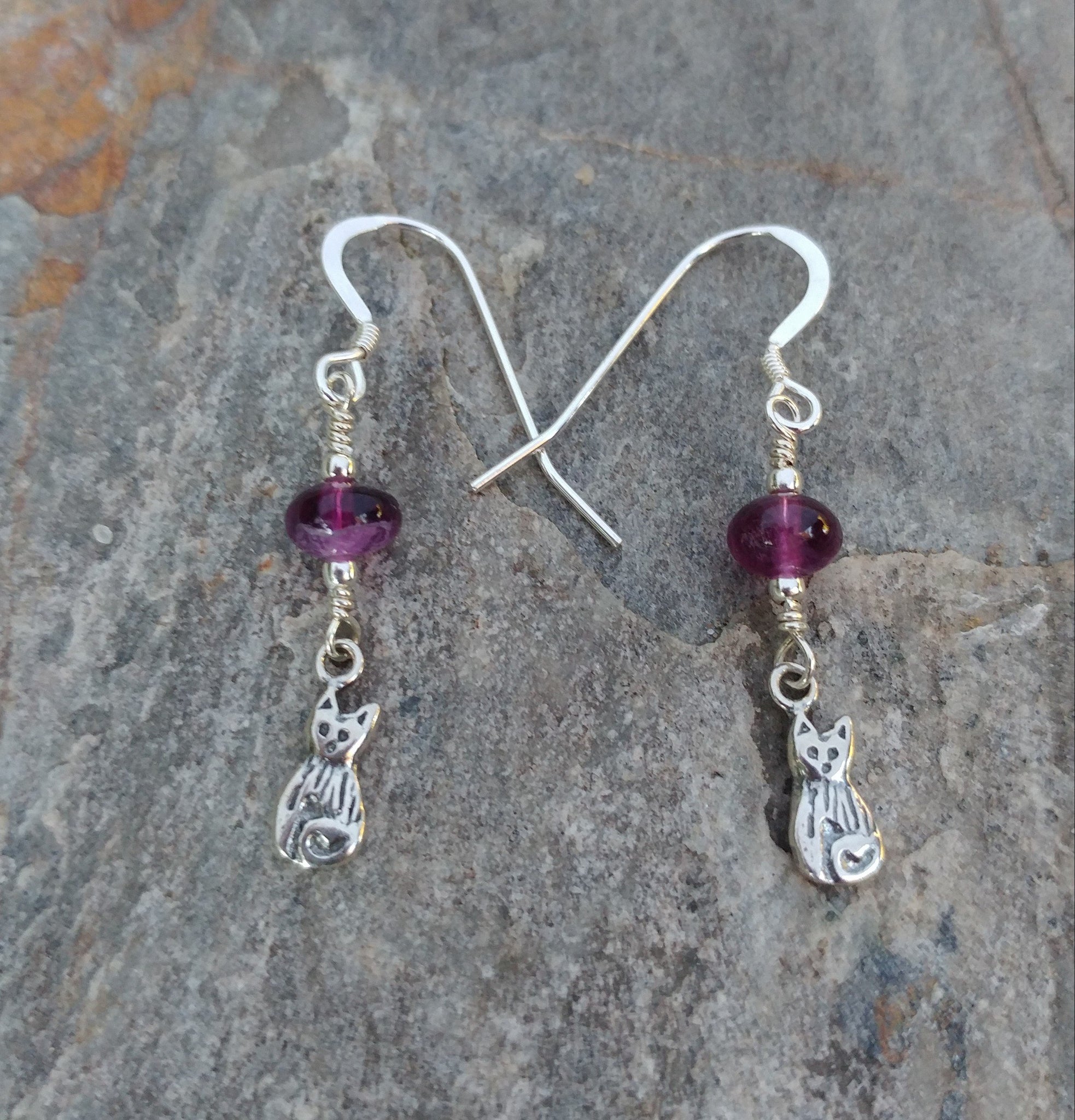 Cat Earrings - Purple Fluorite And Sterling Silver