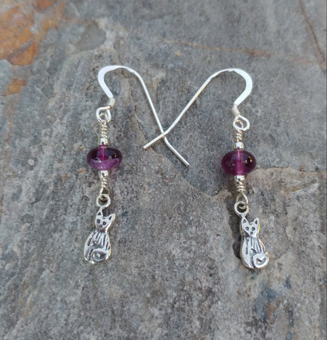 Cat Earrings - Purple Fluorite And Sterling Silver